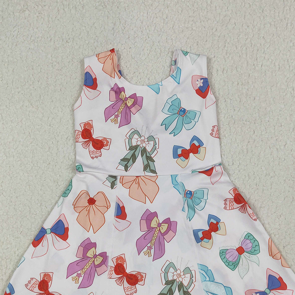 8.12  GSD2049 RTS NO MOQ Baby Girls Summer Yoga Dress Baby Girls Colorful Hero Bows Athletic Active Wear Knee Length Dresses