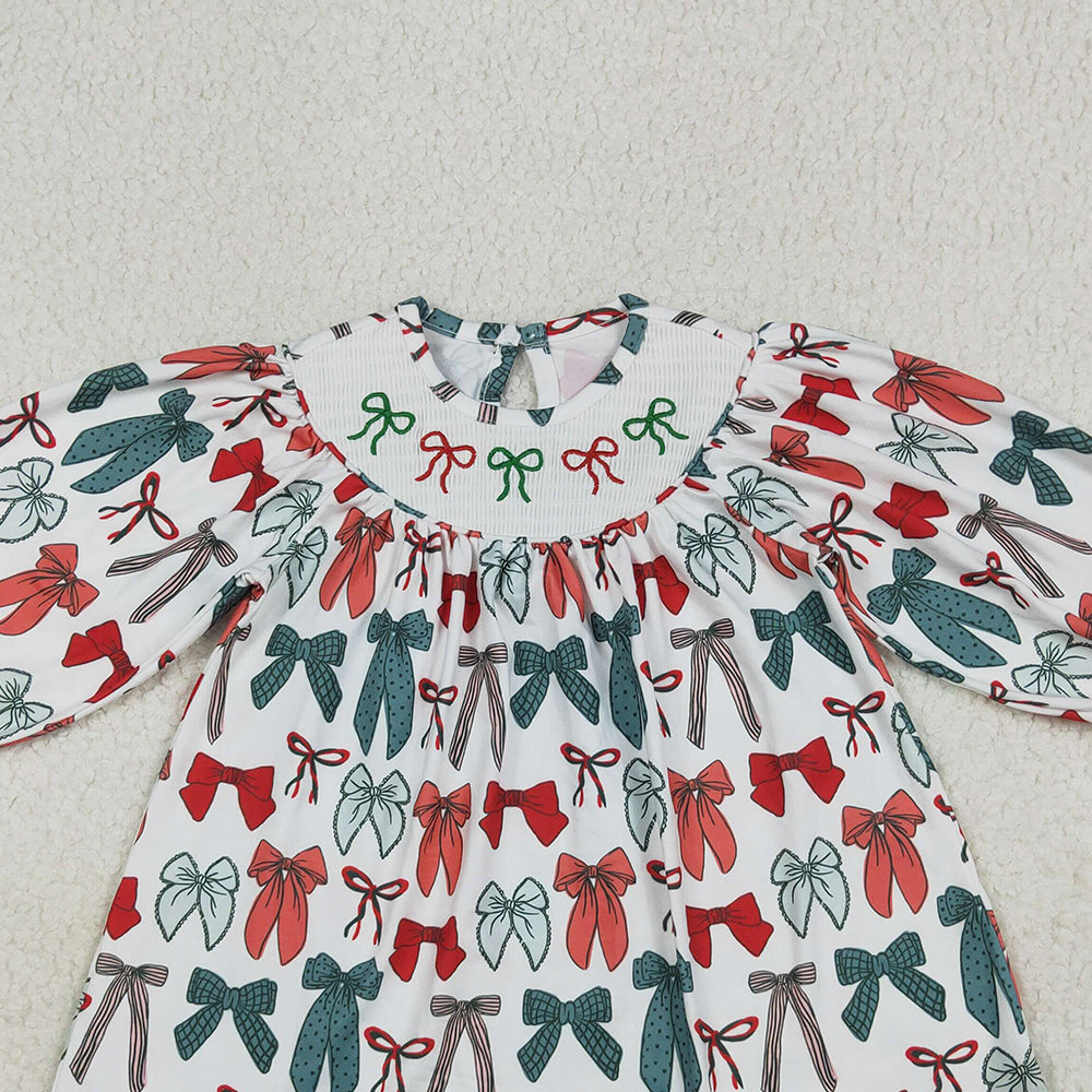 4.28 RTS NO MOQ （In stock） GLD1028 Baby Girls Winter Dress Red green bow long sleeves girls Christmas dress