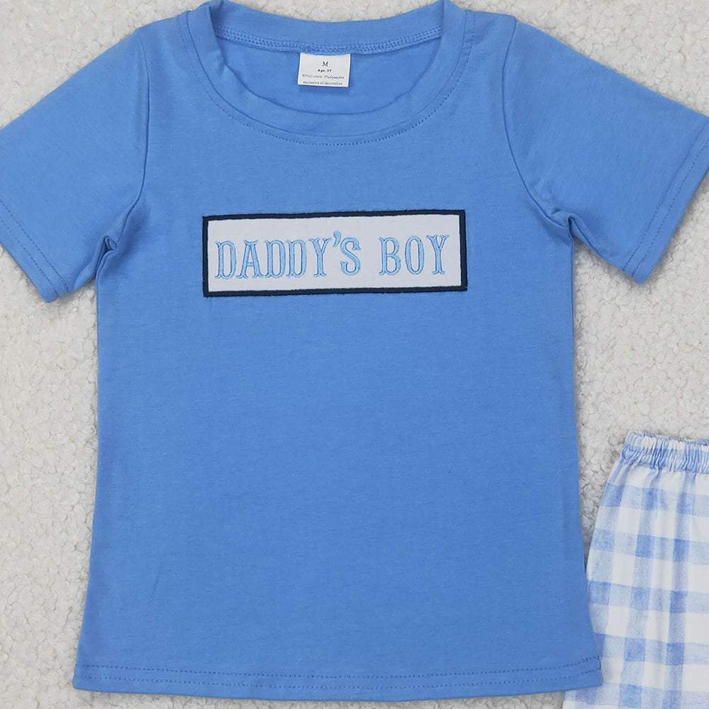 BSSO1433 RTS NO MOQ Baby Boys Summer Boys Outfits Light blue daddy's boy plaid shorts boys clothing