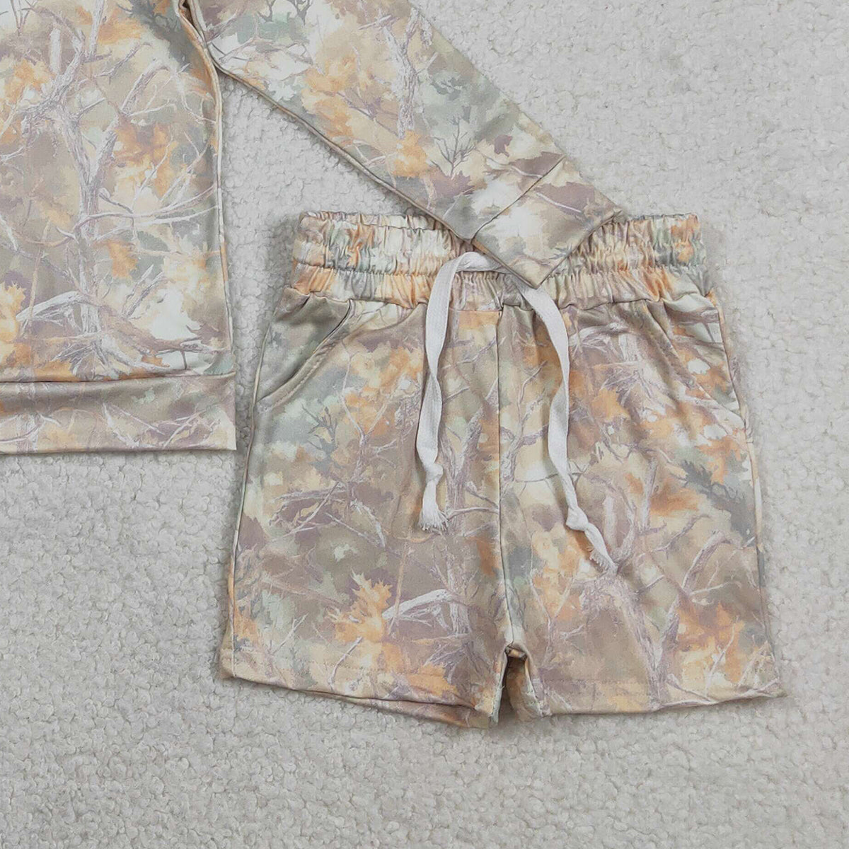 1.24 RTS NO MOQ （In stock）GLS0058 Baby Girls Southern Leaves Camo Long Sleeve Top Pockets Shorts Clothes Sets