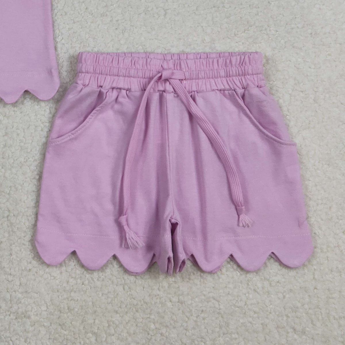 3.7 RTS NO MOQ （In stock）GSSO3173 Kids Clothing for Girls Baby Girls Lavender Short Sleeve Shirts Top Scallop Shorts Clothes Sets