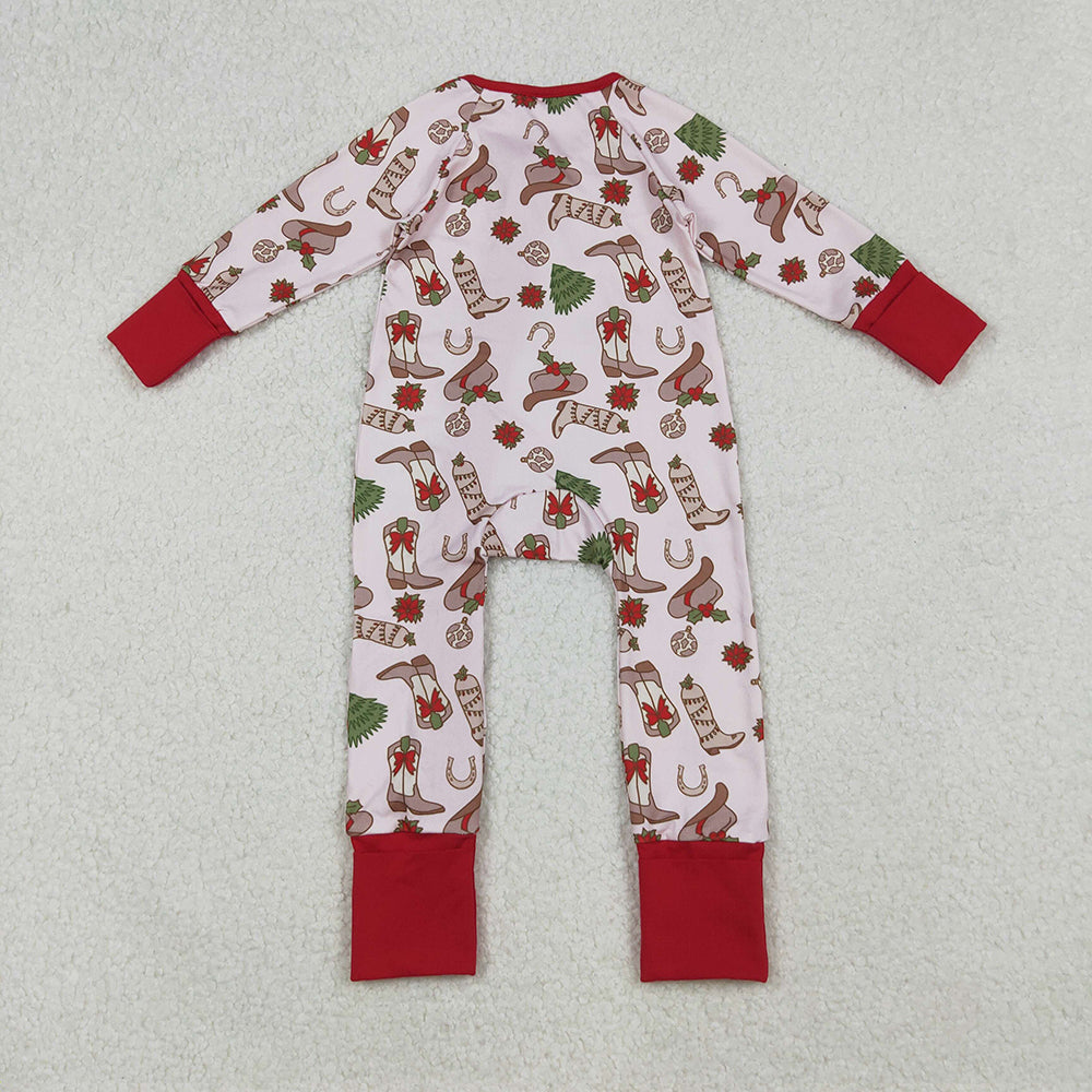 RTS NO MOQ （In stock） LR2584 Baby Girls Winter Rompers Holly Boots Christmas Zipper Footie Rompers
