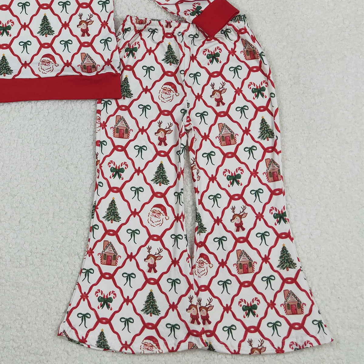 11.13 RTS NO MOQ （In stock）GLP2878 Baby Girls Red Bows Santa Checked Top Flare Pants Christmas Clothes Sets