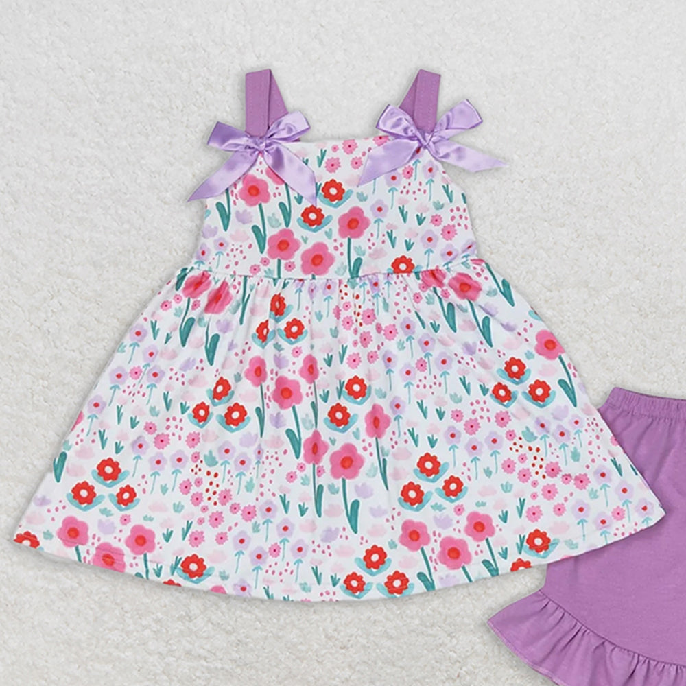 GSSO0992 RTS NO MOQ Baby Girls Summer Outfits Flower purple lace bow sleeveless shorts set