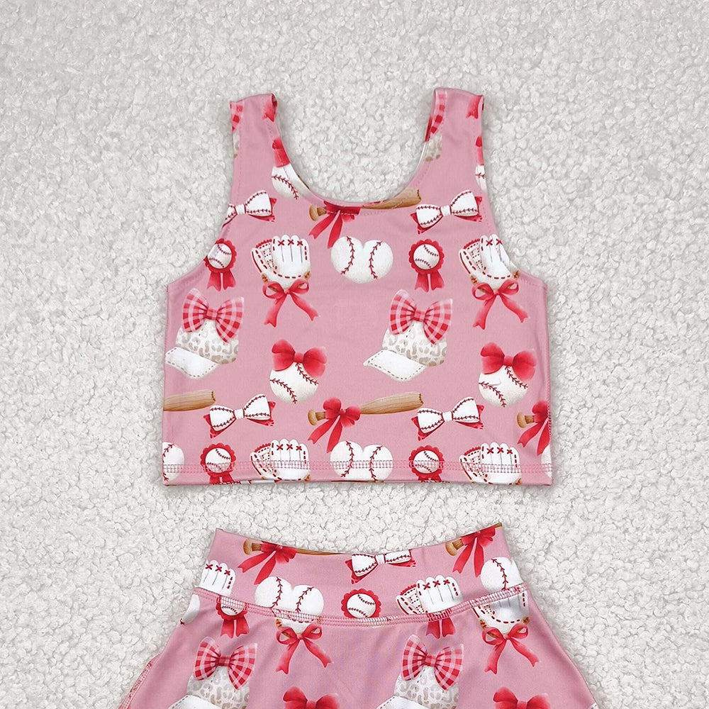 5.16  GSD2044 RTS NO MOQ Baby Girls Yoga Outfits Baby Girls Baseball Bows Athletic Active Wear Top Shorts Skirts Clothes Sets