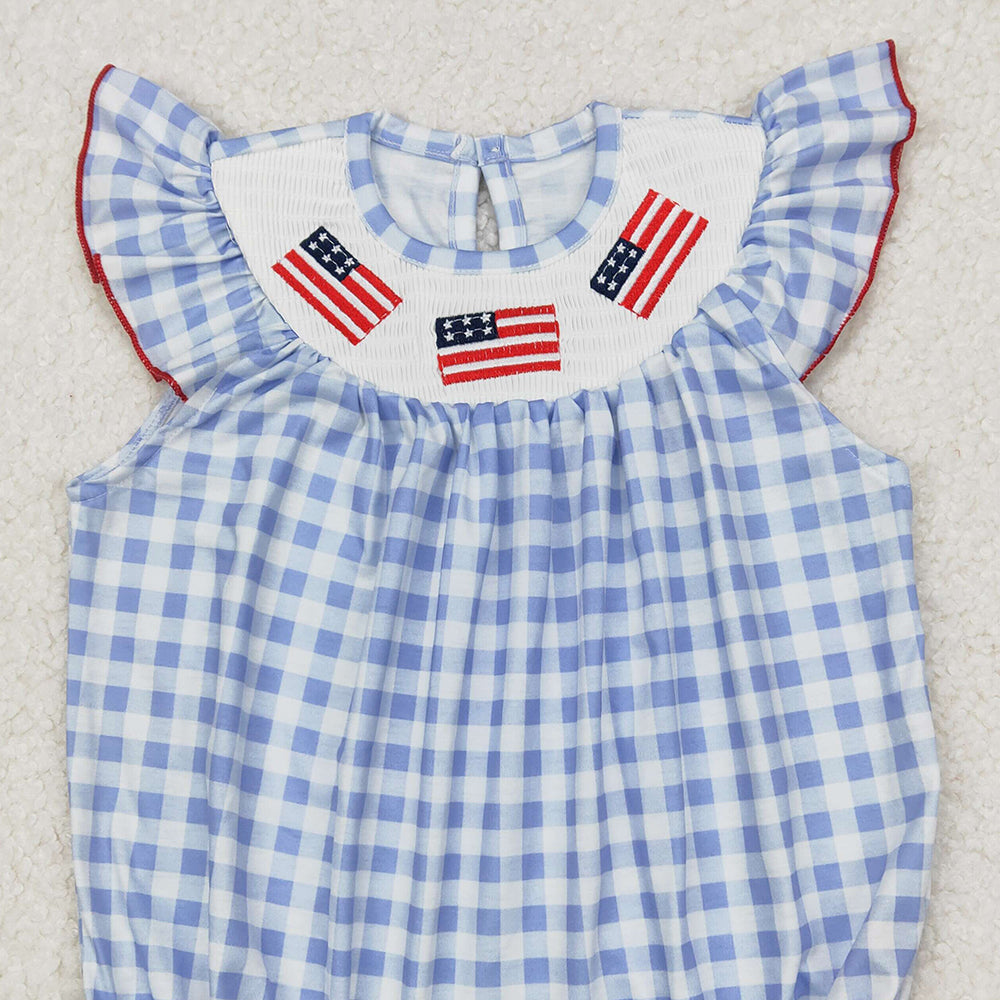 4.11 SR2571 RTS NO MOQ Light blue plaid flag smocked baby girls 4th of july romper