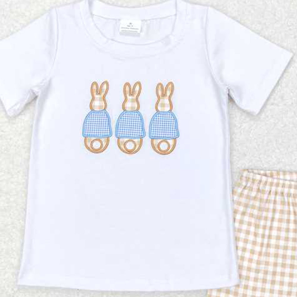 6.11   BSSO0383 RTS NO MOQ Baby Boys Summer Boys Outfits Baby Boys Toddler Easter Rabbits Khaki Shorts Clothes Sets