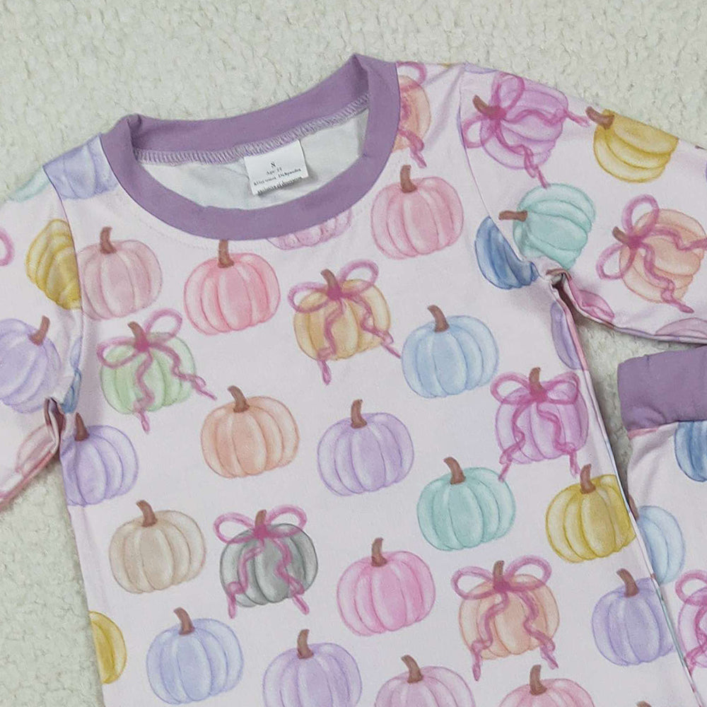 RTS NO MOQ （In stock）GLP2597 Baby Girls Winter Outfits Baby Girls Long Sleeves Colorful Bows Pumpkins Top Pant Pajamas Set