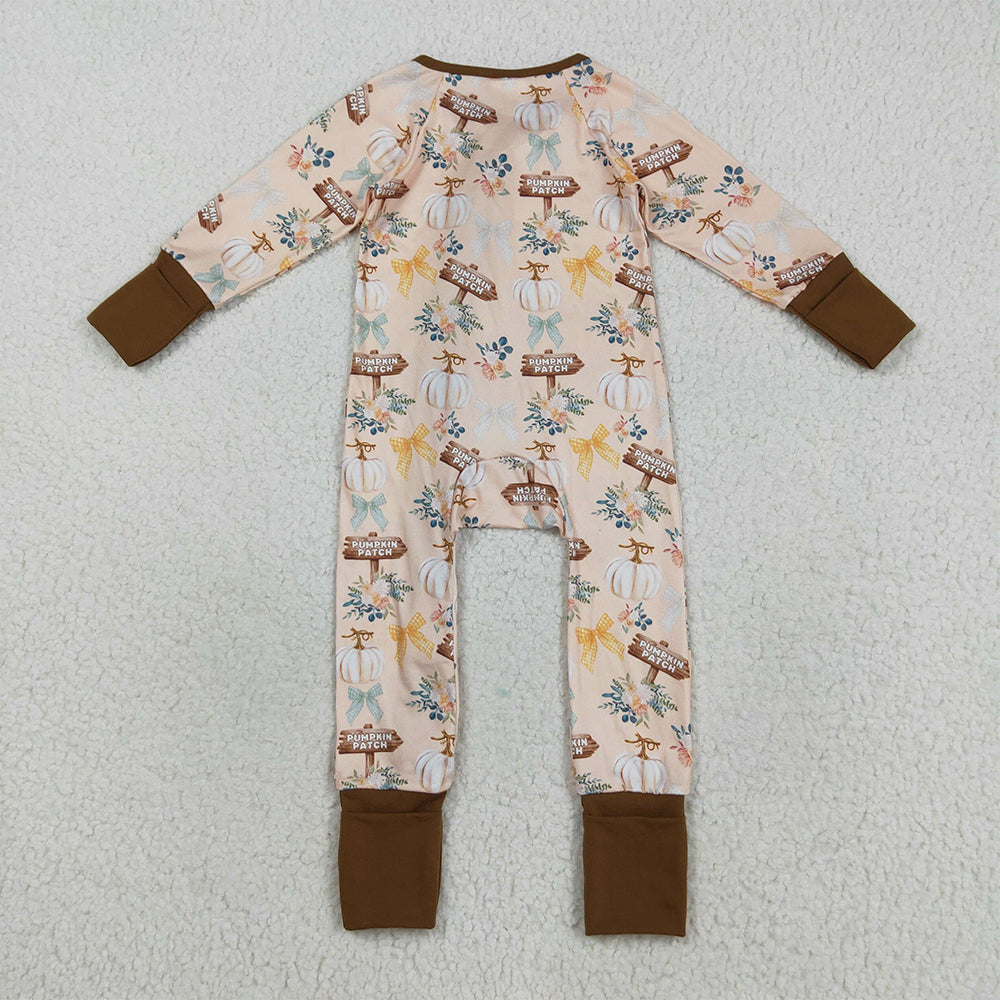 RTS NO MOQ （In stock）LR2462 Baby Boys Winter Rompers Baby Boys Fall Pumpkins Bows Fall Zipper Footie Rompers