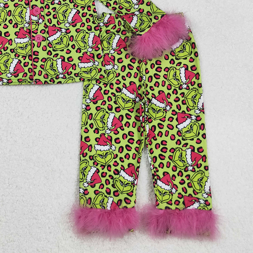 RTS NO MOQ （In stock）GLP2669 Baby Girls Winter Outfits Leopard Green Face Fur Christmas Pajamas Button down Comfortable Sleepwear