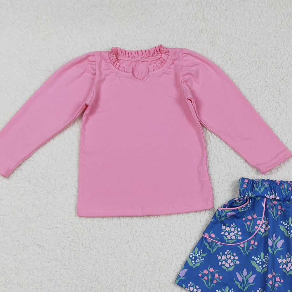RTS NO MOQ （In stock）GLD1256 Baby Girls Skirt Sets Pink Long Sleeve Floral Top with Pockets for Girls Children's ClothingSet Skirt