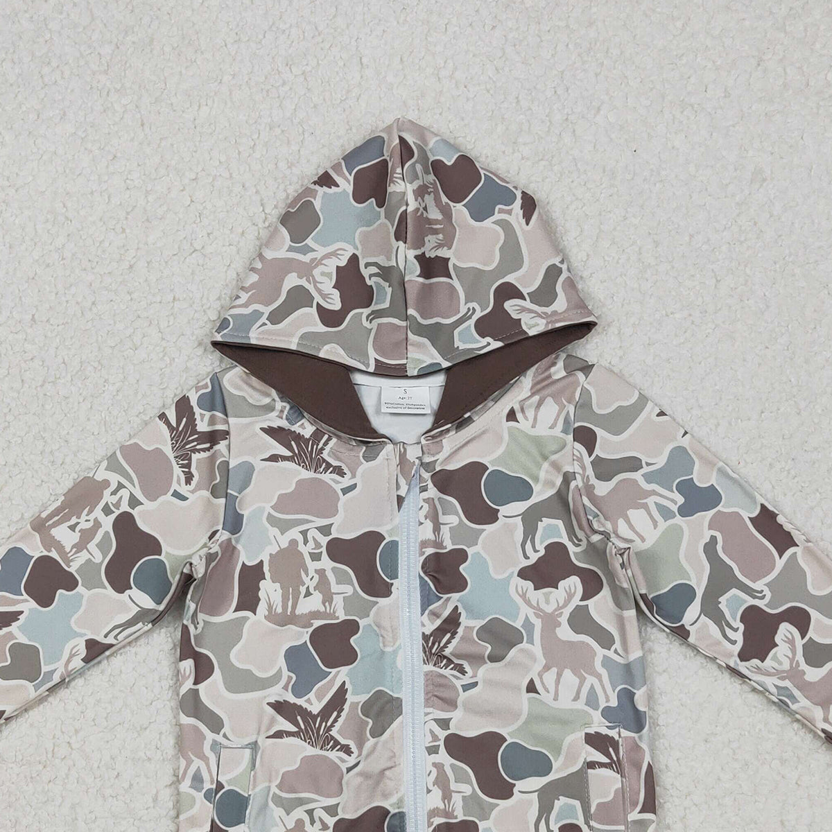 11.3 RTS NO MOQ （In stock）BT1390 Baby Boys Dogs Deer Ducks Camo Pockets Zipper Hunting Hoodie Jackets Top