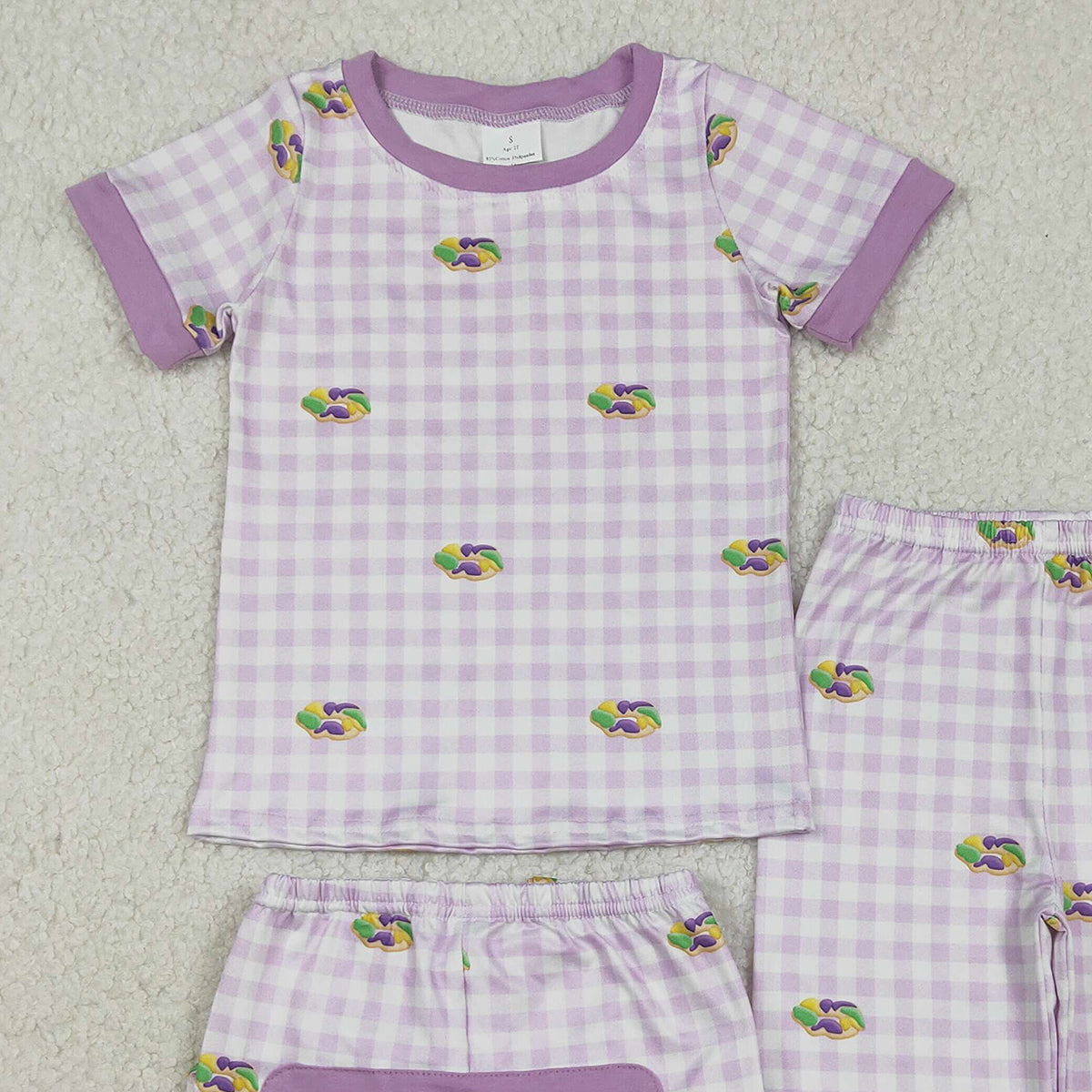 12.29 RTS NO MOQ （In stock）BSPO0630 Embroidery King Cake Baby Boys Mardigras Donuts Checked Pants Pajamas Sets
