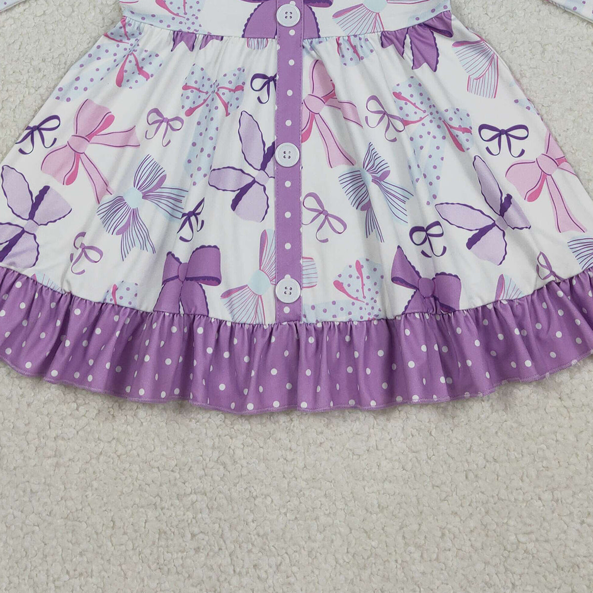 12.5 RTS NO MOQ （In stock）GLD1271 Baby Girls Winter Dress Baby Girls Purple Bows Button Ruffle Knee Length Dresses