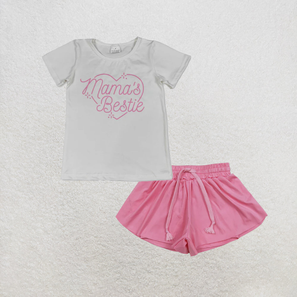 5.26 RTS NO MOQ （In stock）GT1565+SS0546 Short sleeves mama's bestie heart kids girls valentine's shirt with activewear summer yoga shorts