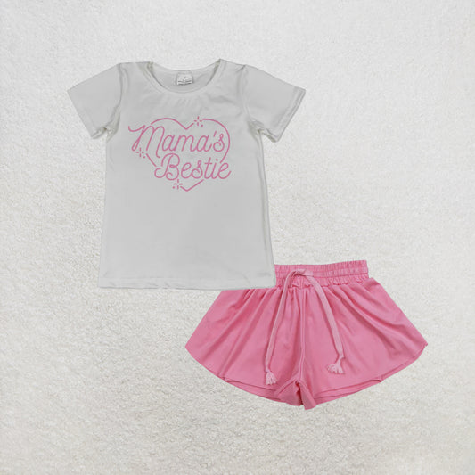 5.26 RTS NO MOQ （In stock）GT1565+SS0546 Short sleeves mama's bestie heart kids girls valentine's shirt with activewear summer yoga shorts