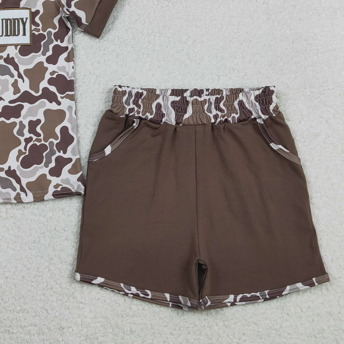 1.27 RTS NO MOQ （In stock）BSSO1832 Embroidery Daddy's Buddy Baby Boys Southern Brown Camo Pockets Shorts Clothes Sets