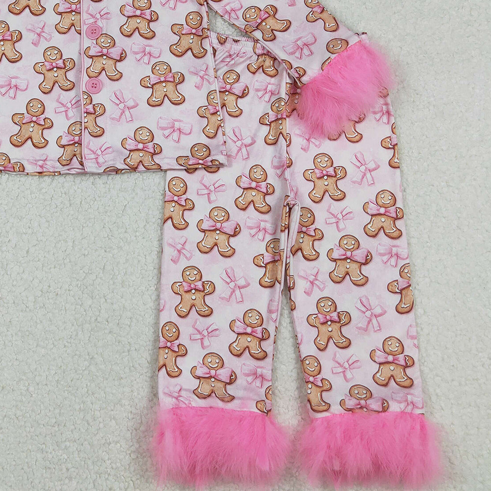 RTS NO MOQ （In stock）GLP2374 Baby Girls Winter Outfits Girls Pink Fur Pajamas with Gingerbread Bow Christmas Theme Button down Nightwear for Kids