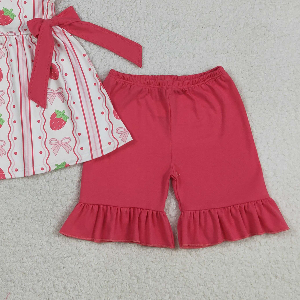3.14 RTS NO MOQ （In stock）GSSO3276 Fashion Clothing For Baby Girls Sleeveless Strawberry Bows Stripe Tunic Ruffle Shorts Clothes Set