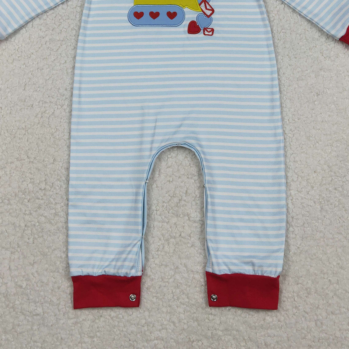 11.24 RTS NO MOQ （In stock）LR2708 Baby Boys Winter Rompers Embroidery Hearts Excavator Baby Boys Blue Stripe Valentines Footie Rompers
