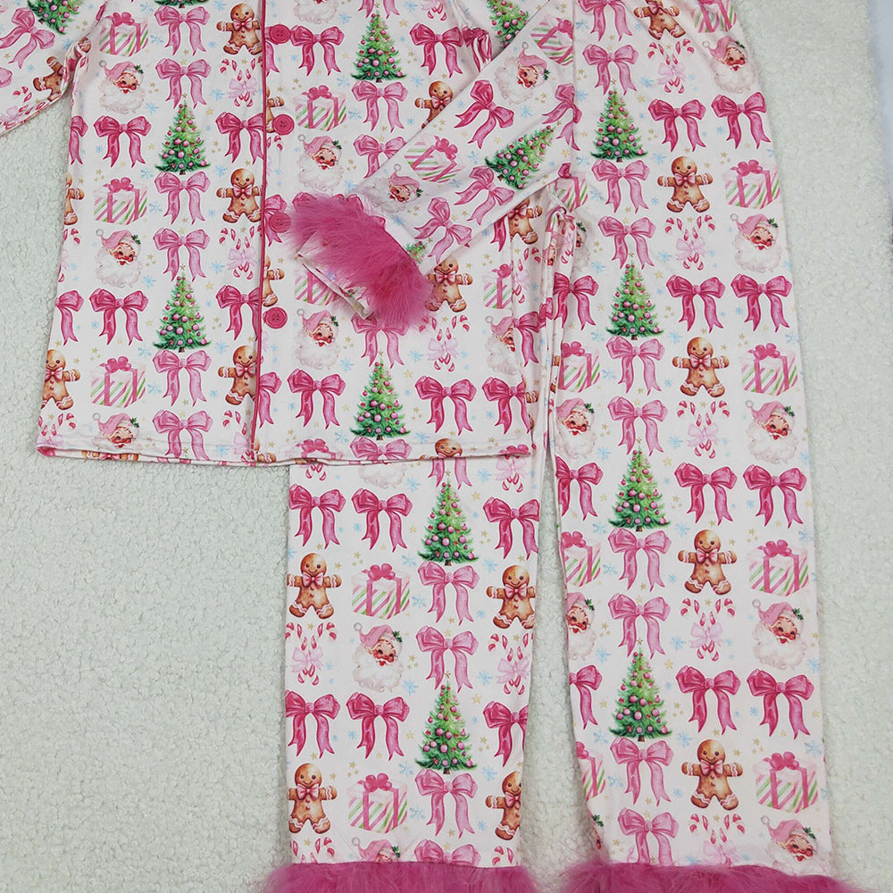 RTS NO MOQ （In stock）GLP2717 Adult women's pajamas set Bows Gingerbread Trees Button Top Pants Christmas Fur Pajamas Sets
