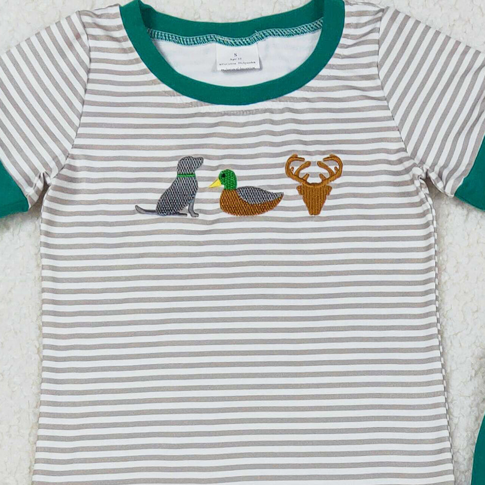 RTS NO MOQ （In stock）BSPO0154 Baby Boys Autumn Outfits Embroidery Baby Boys Stripes Duck Pants Clothing Sets