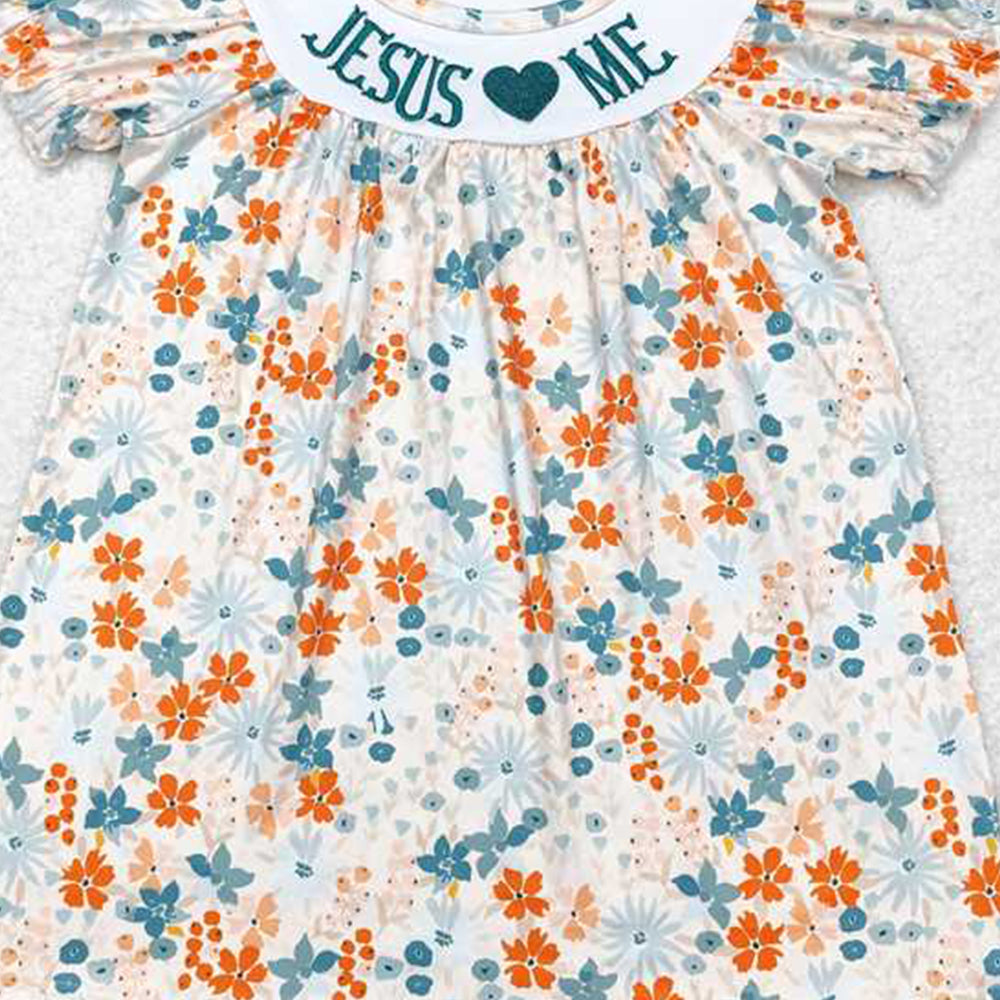 4.08 GSD1387 RTS NO MOQ Baby Girls Summer Dress Jesus Love Me Floral Short Sleeve Dress