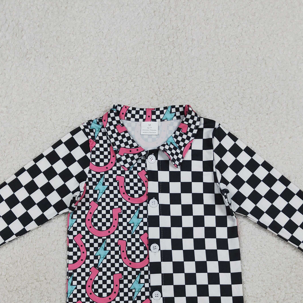 3.3 RTS NO MOQ （In stock）GT1509 Baby Girls Shoes Lightnings Black Checked Western Button Shirts Top