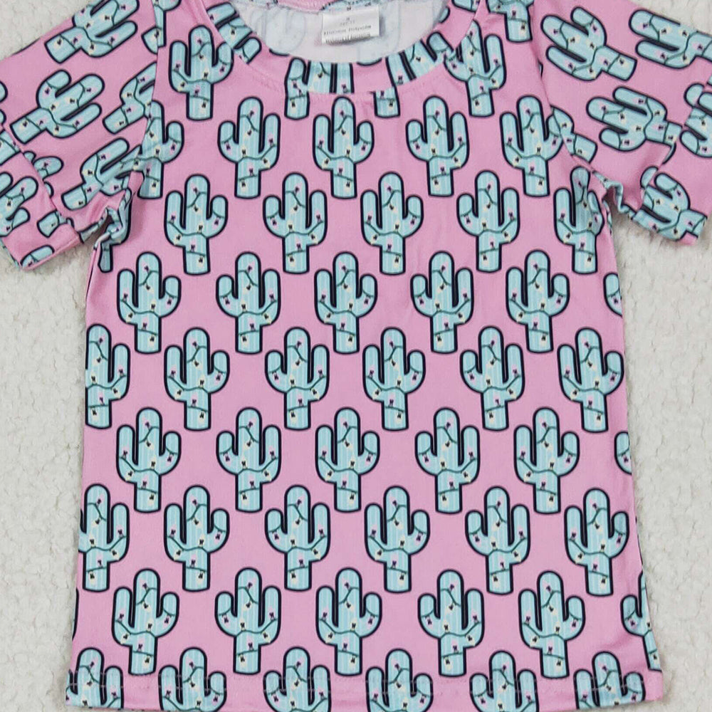 GBO0446 RTS NO MOQ Baby Girls Summer Outfits Baby Girls Pink Cactus Shirts Top Bummies Clothes Sets