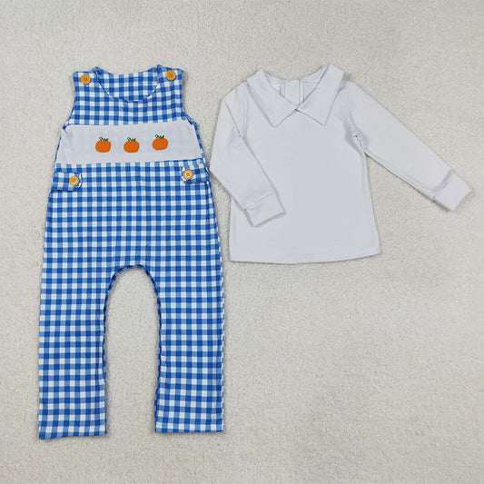RTS NO MOQ （In stock）BT0820+SR1949 Baby Boys Winter Outfits Blue Plaid Pumpkin Romper with White Shirt for Boy Fall Season Outfit