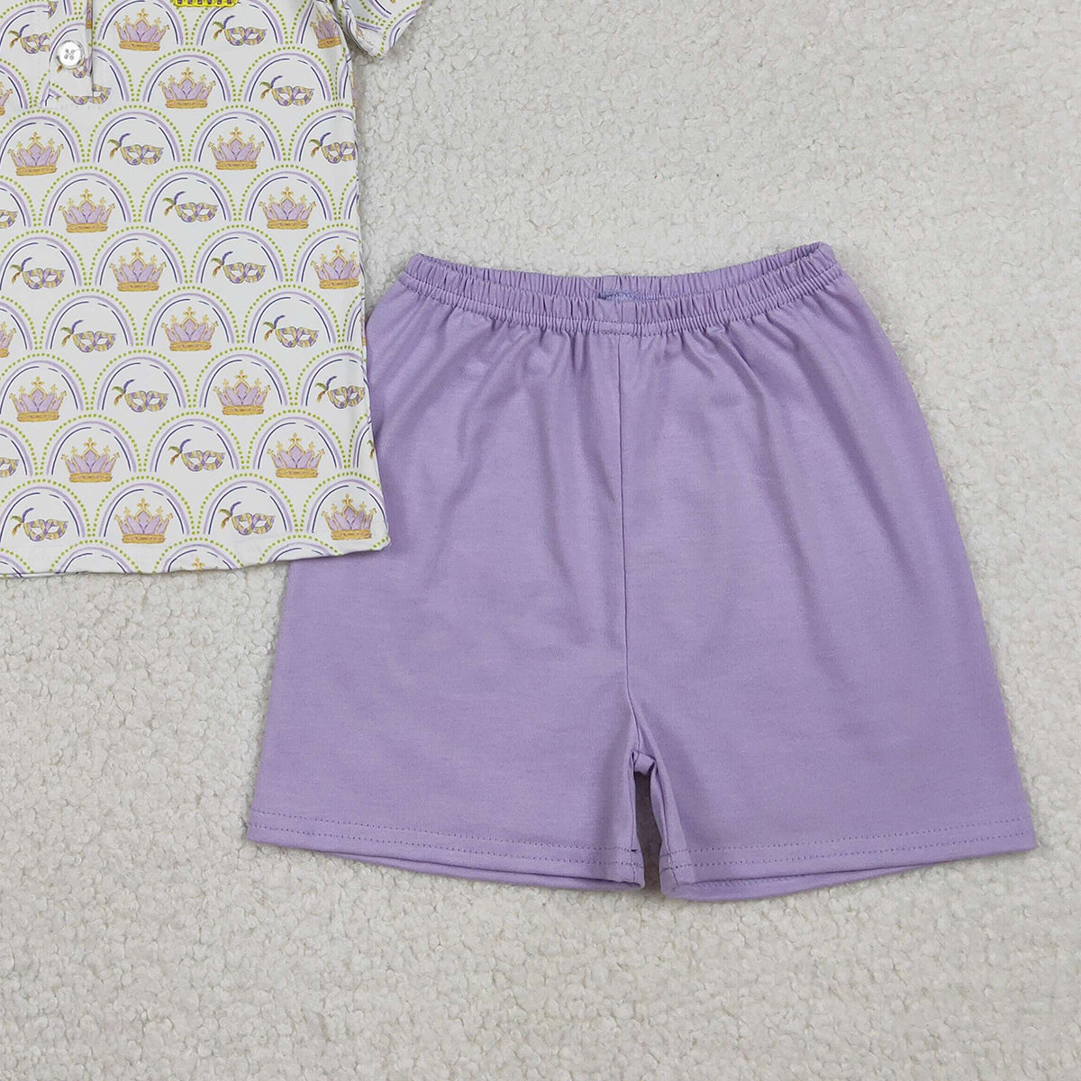 12.23 RTS NO MOQ （In stock）BSSO1565 Embroidery Crowns Baby Boys Mardigras Checked Button Polo Top Shorts Clothes Sets