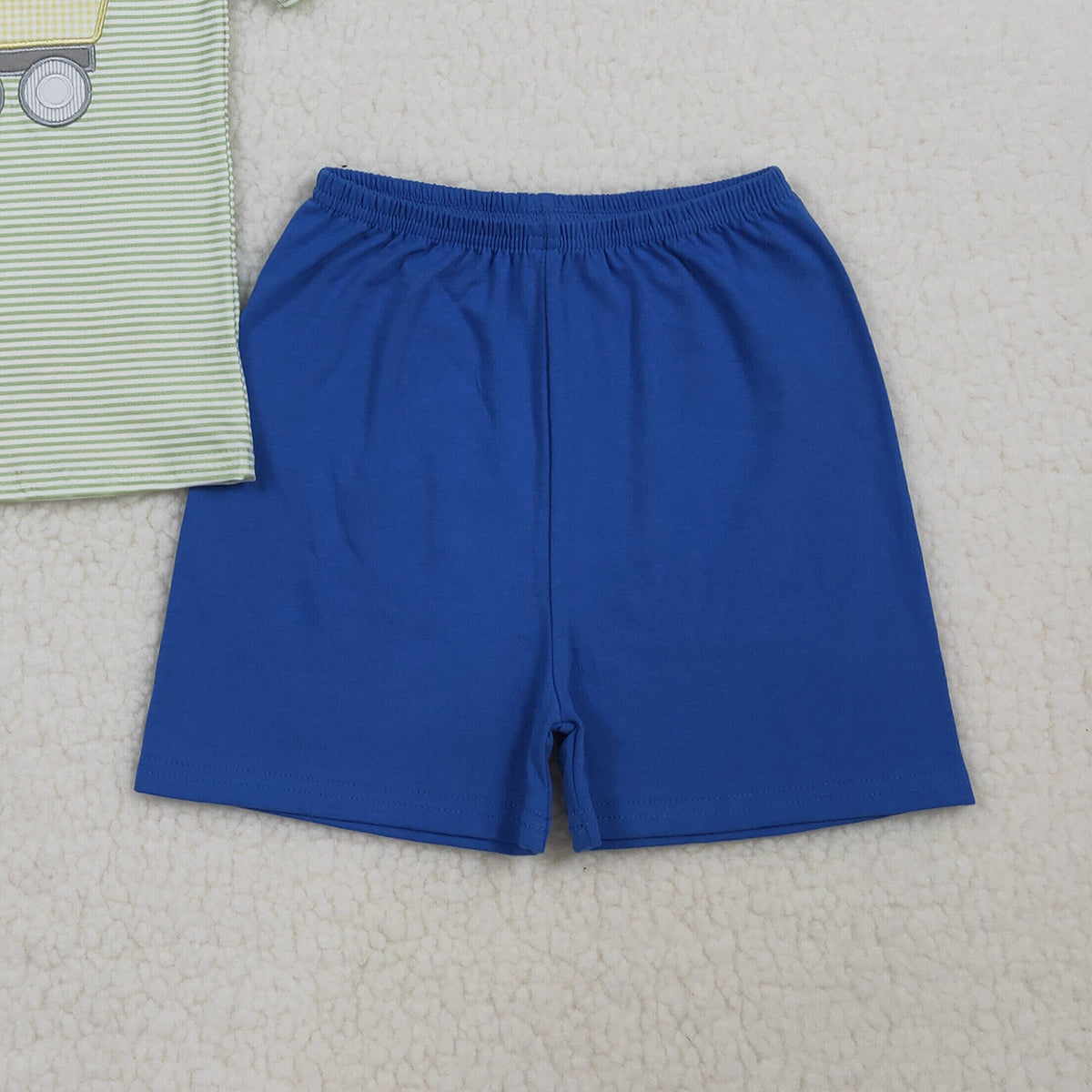 3.25 RTS NO MOQ （In stock）BSSO1833 Fashion Clothing For Baby Boys Short Sleeve Embroidery Tractors Stripe Top Shorts Clothes Sets