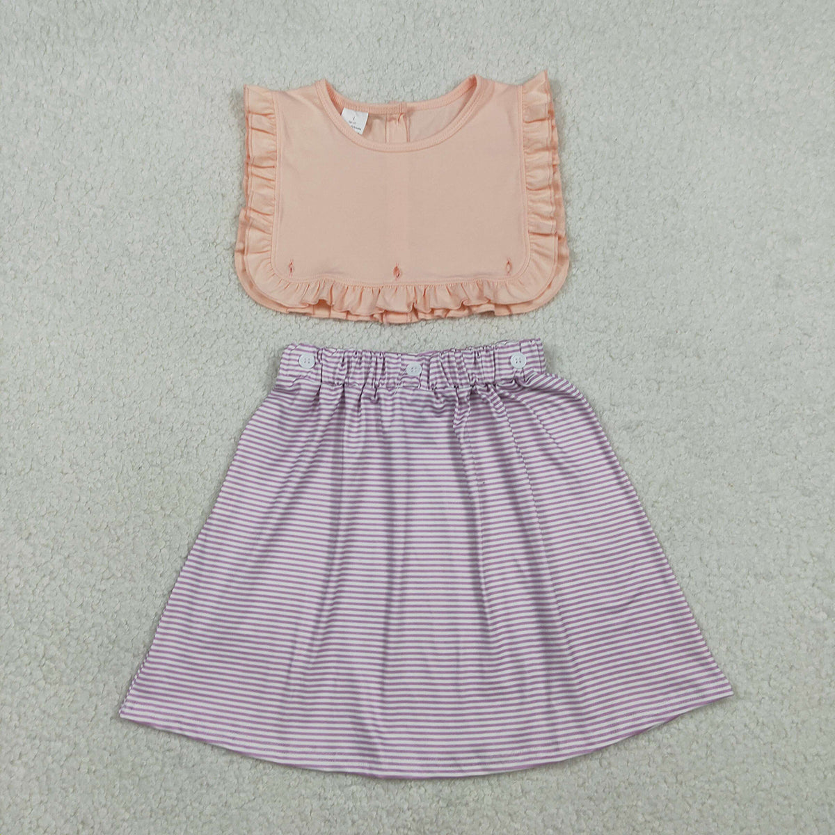 2.4 RTS NO MOQ （In stock）GSD3559 Baby Girls Peach Sleeveless Lavender Stripe Button Knee Length Dresses