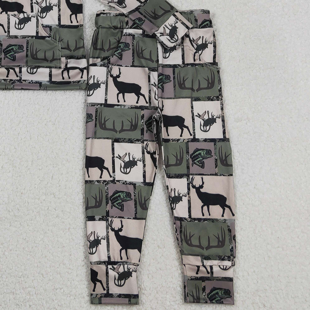 12.16 RTS NO MOQ （In stock）BLP1368 Baby Boys Deer Fishes Checked Zip Pockets Hoodies Pants Hunting Clothes Sets