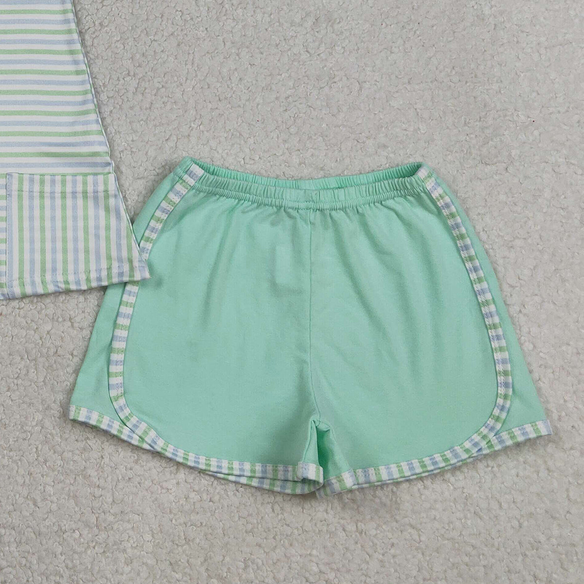 3.11 RTS NO MOQ （In stock）GSSO3110 Kids Clothing for Girls Baby Girls Strap Green Stripe Pockets Tunic Shorts Clothes Sets