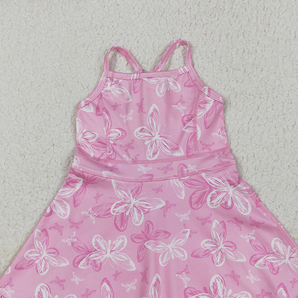 7.16 GSD2292 RTS NO MOQ  Baby Girls Summer Yoga Dress Baby Girls Pink Strap Butterfly Yoga Ruffle Knee Length Dresses