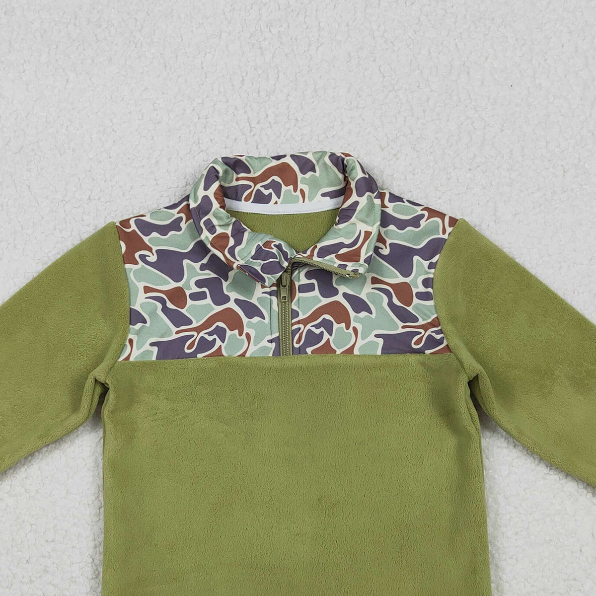 10.22 RTS NO MOQ （In stock）BT1308 Baby Boys Green Camo Quatrefoil Zipper Pullover Sherpa Tops