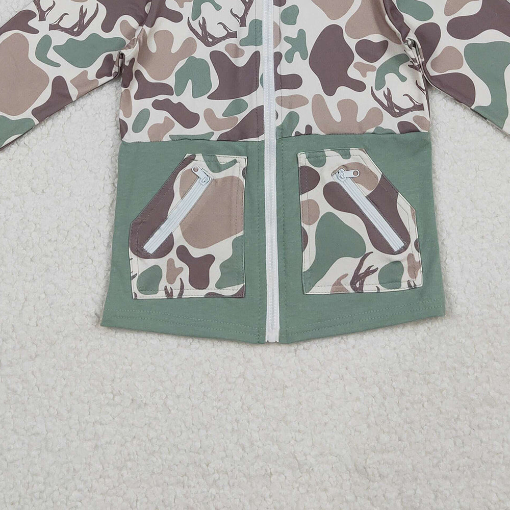9.29  RTS NO MOQ （In stock）BT1335 Baby Boys Brown Deer Camo Pocket Zipper Western Hoodies Top