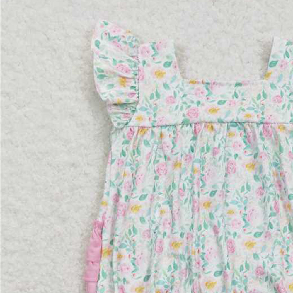 SR0805Pink Ruffle Floral Romper Baby Girls Summer Casual Outfit Soft Cotton Clothing for Little Girls Cute Infant Dress