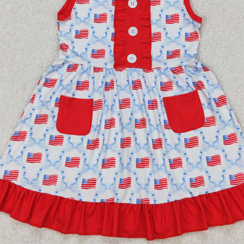 GSD1625 RTS NO MOQ Sleeveless bow flag baby girls 4th of july dresses
