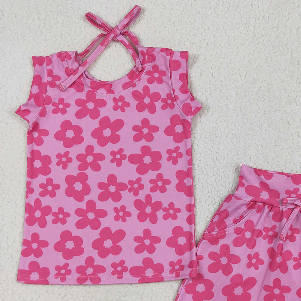 8.13  GSD2583 RTS NO MOQ Baby Girls Summer Outfits Baby Girls Sleeveless Hot Pink Flowers Top Pockets Short Skirts Set