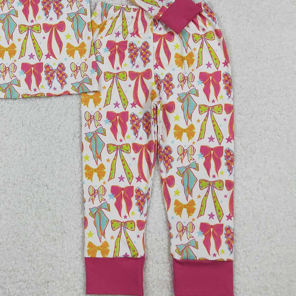 RTS NO MOQ （In stock）GLP2615 Baby Girls Winter Outfits Pink Bows Stars Top Pant Pajamas Sets