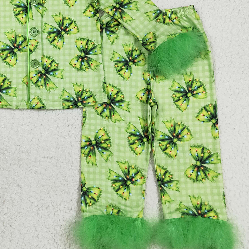 RTS NO MOQ （In stock）GLP2581 Baby Girls Winter Outfits Baby Girls Fur Sleeve Green Bows Plaid Button Top Pant Christmas Pajamas Set