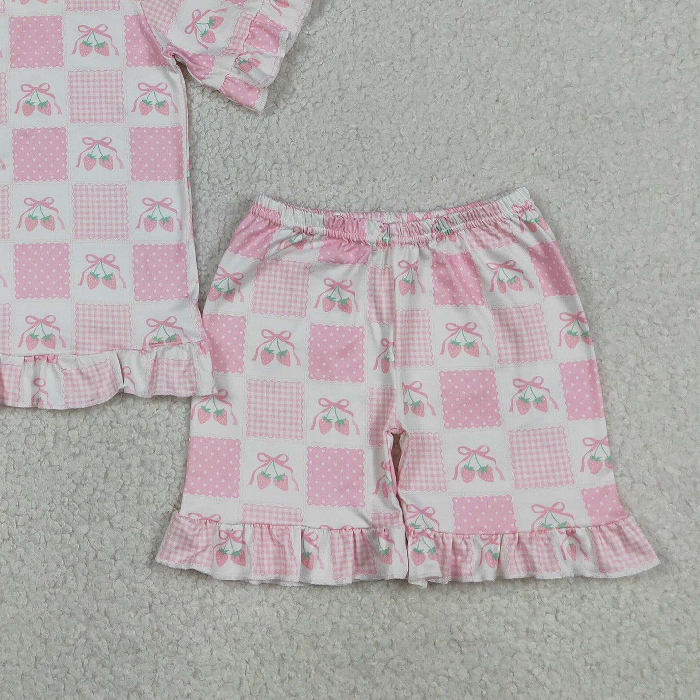 GSSO3342 RTS NO MOQ （In stock ）Short sleeves pink bow strawberry kids girls outfits