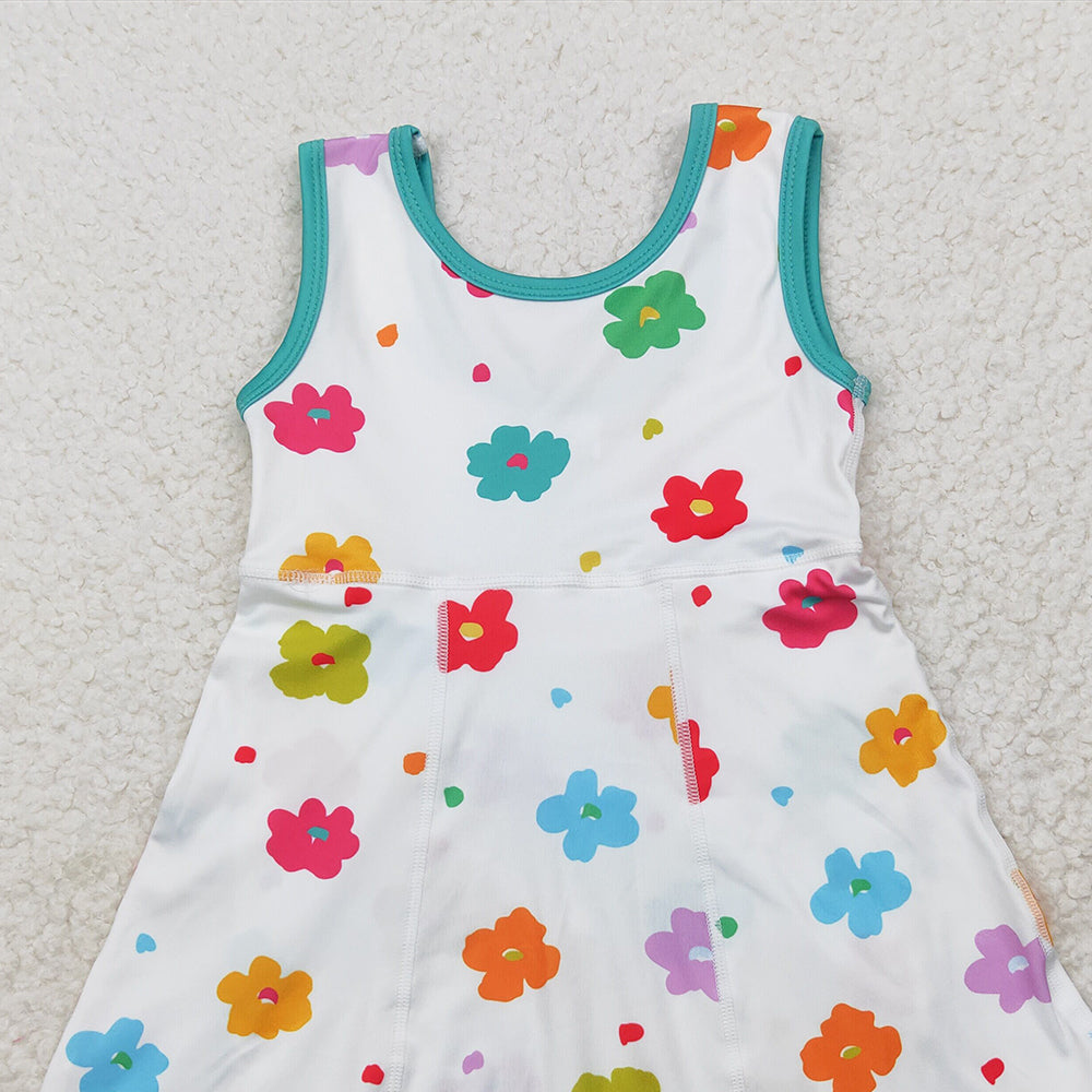 5.19  GSD2346 RTS NO MOQ Baby Girls Summer Yoga Dress Sleeveless white colorful floral kids girls athletic dresses