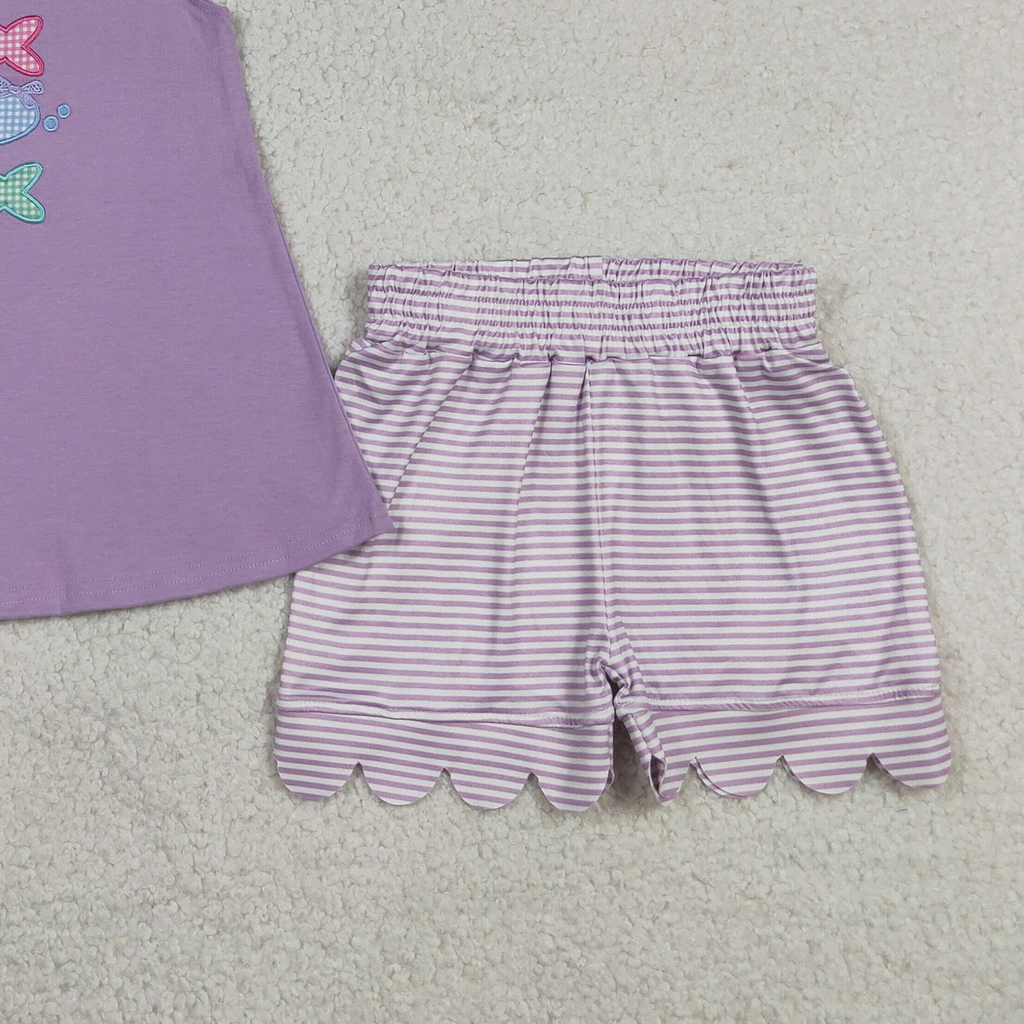 GSSO3242  RTS NO MOQ （In stock Baby Girls Embroidery Fishes  Tunic Scallop Stripe Shorts Hunting Clothes Sets
