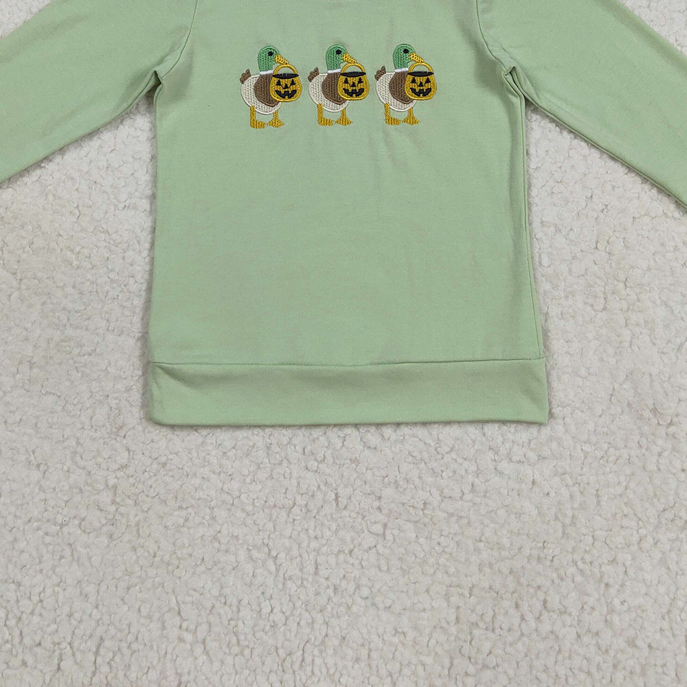 8.22  RTS NO MOQ （In stock）BT1278 Baby Boys Long Sleeve Tops Embroidery Baby Boys Green Long Sleeves Ghost Pumpkins Ducks Tee Shirts Tops