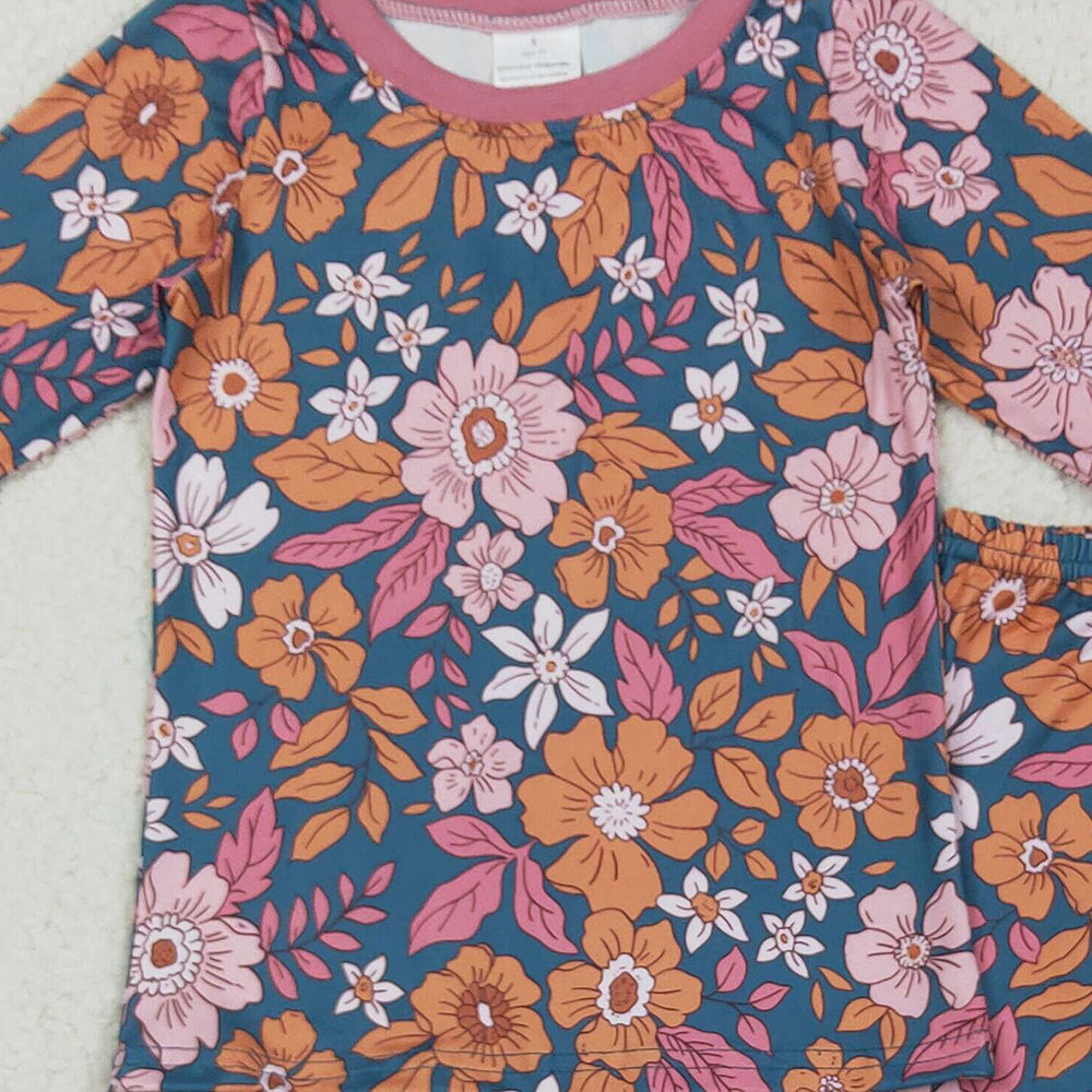 RTS NO MOQ （In stock）GLP2385 Baby Girls Winter Outfits Baby Girls Lavender Long Sleeves Floral Top Pants Pajamas Sets