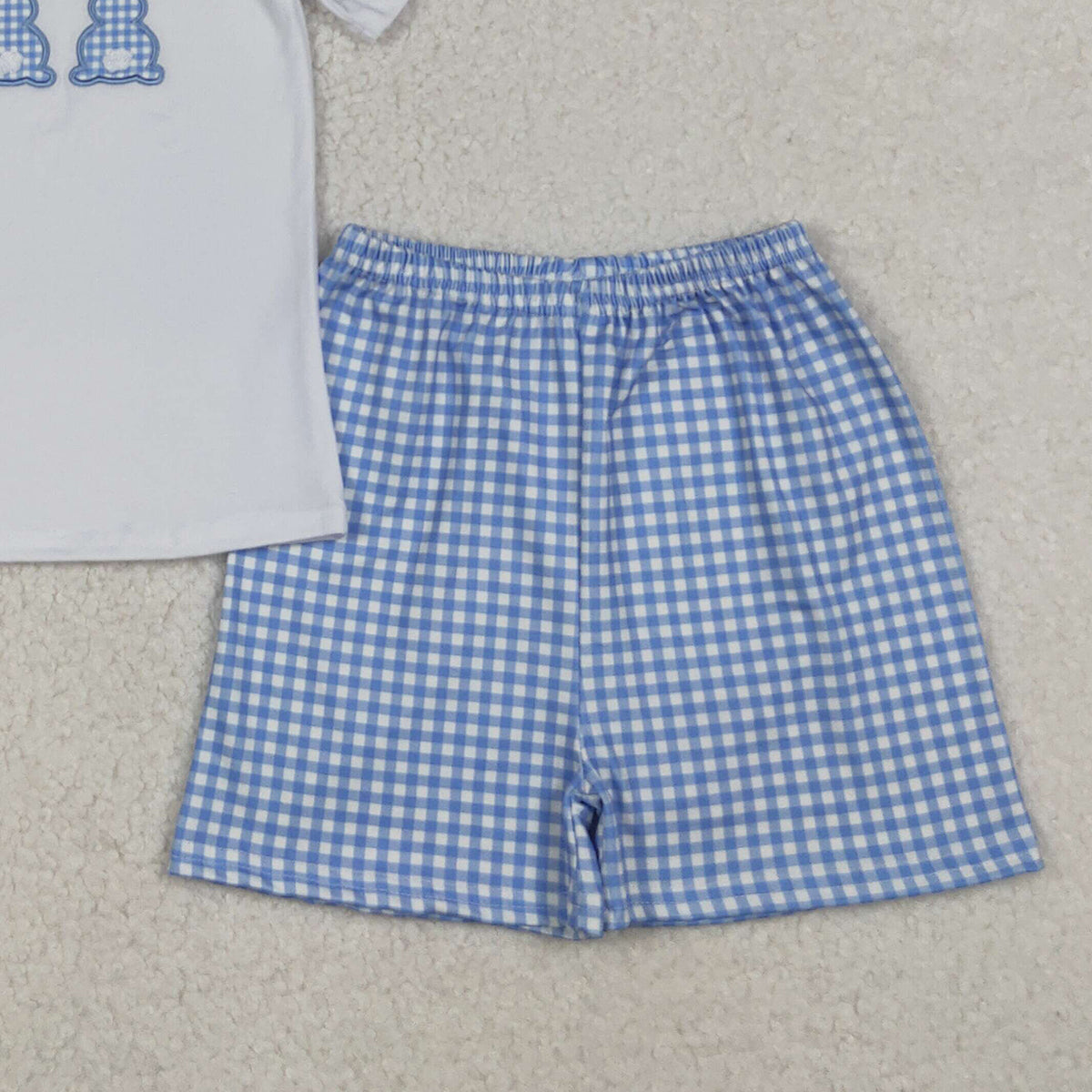 10.27 RTS NO MOQ （In stock）BSSO1123 Baby Boys Summer Outfits Embroidery Rabbits Baby Boys Checkered Shorts Easter Clothes Sets