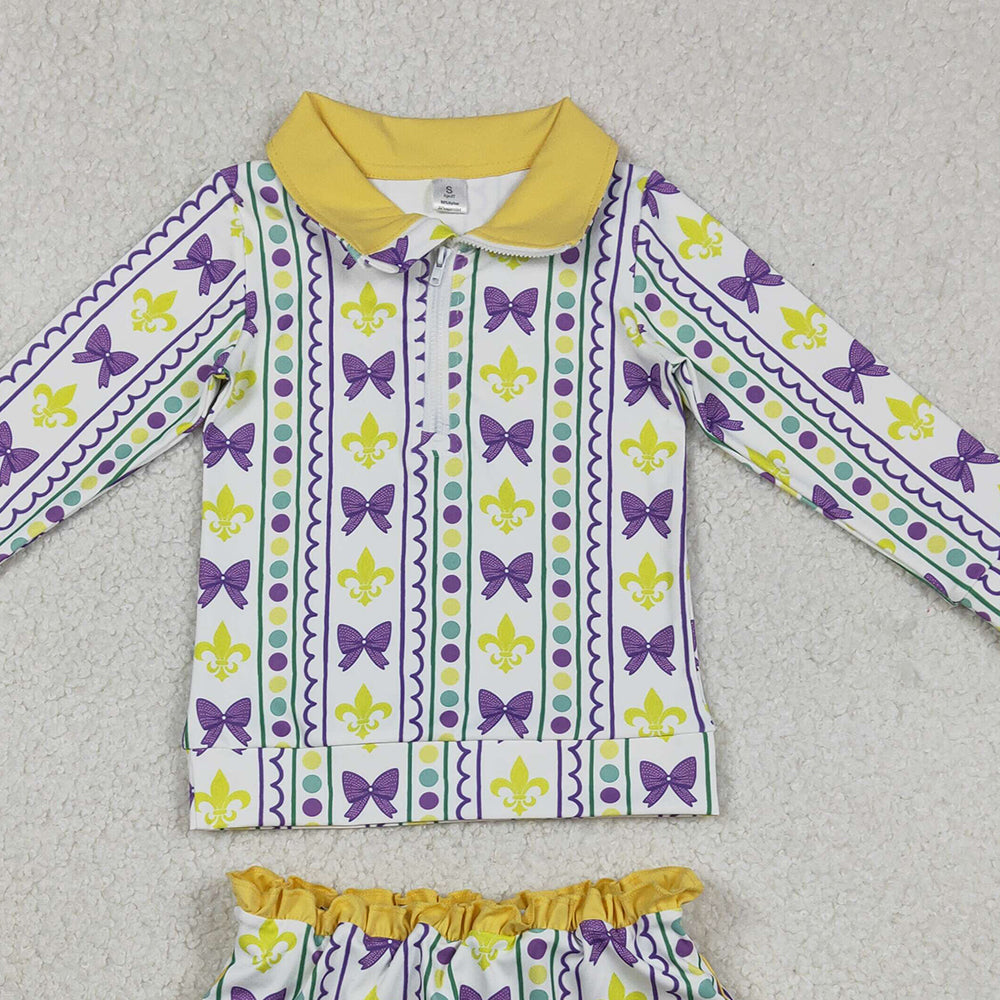 12.13 RTS NO MOQ （In stock）GLD1363 Baby Girls Mardigras Anchors Bows Stripe Zip Pullovers Skirt Shorts Yoga Active Clothes Set